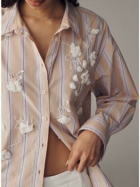 NWT Anthropologie Peach and White Striped Embroidered Button-Down Blouse